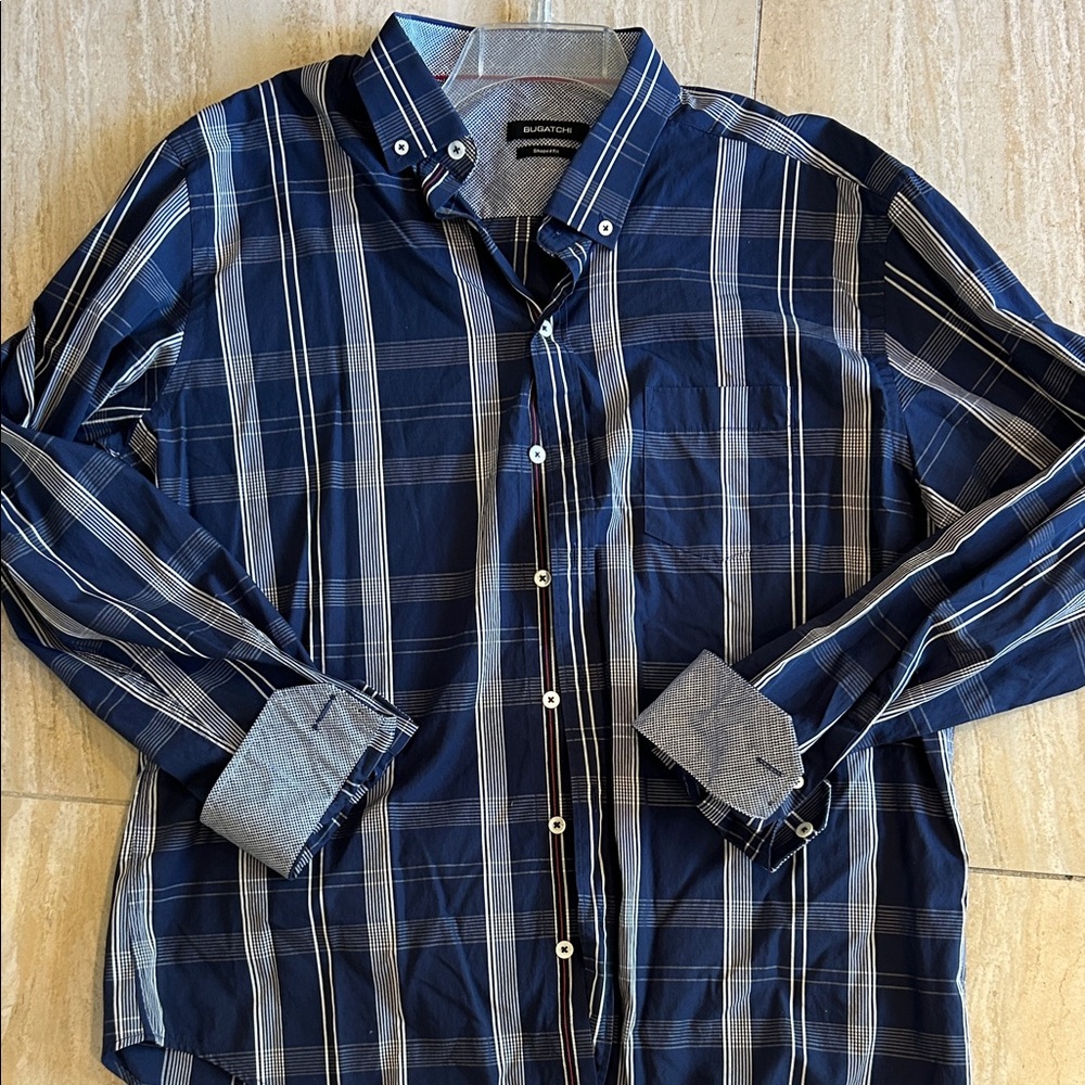 Bugatchi  Signature Navy Checkered Men's Dress  Shirt size XL